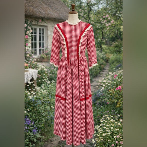 Dresses & Skirts - Vintage 1970’s Gingham Red & White, Flare Sleeve, Lace, Fit & Flare Maxi Dress